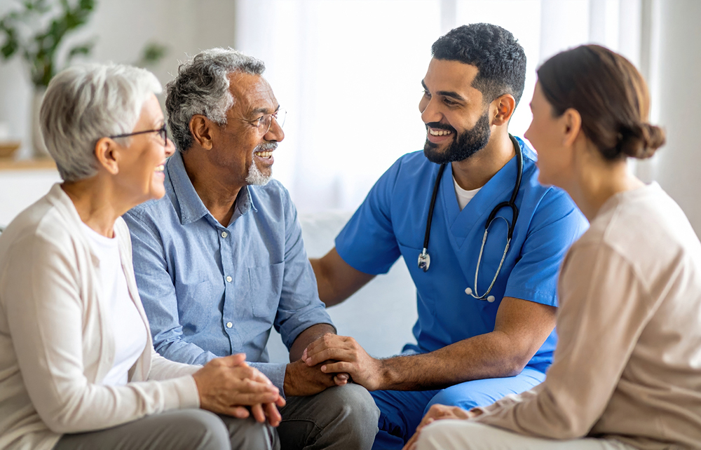 Caring healthcare professional interacts with elderly patients in warm, supportive environment. scene conveys compassion, trust, and importance of healthcare relationships